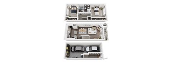 A top-down view of a house layout with a garage and a living room.