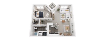 A top-down view of a small apartment with a kitchen, living room, and bathroom.