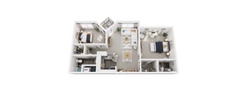 A top-down view of a two-bedroom apartment with a living room, kitchen, and bathroom.