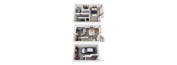 A top-down view of a two-story apartment with a garage.