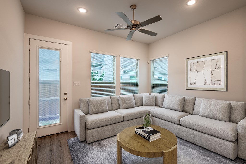 a living room with a couch and a coffee table