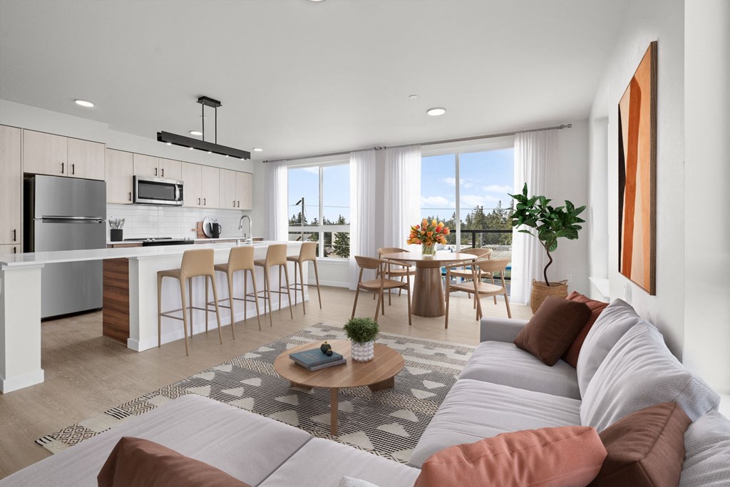 a rendering of a living room with a kitchen and dining area at Ion Town Center, Shoreline Washington