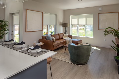 A modern living room with a brown leather couch and a grey armchair.