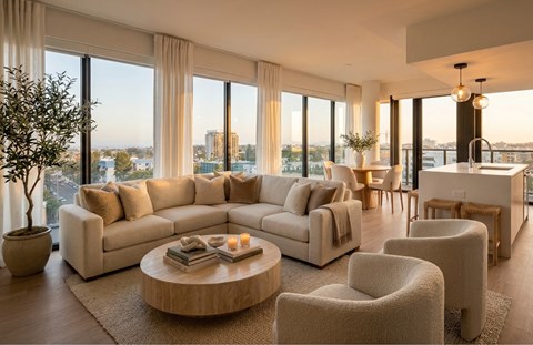 A living room with a large sectional sofa, a coffee table, and a view of the city.