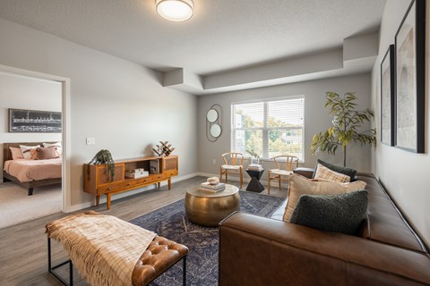 A living room with a brown leather couch, a wooden bench, and a rug.