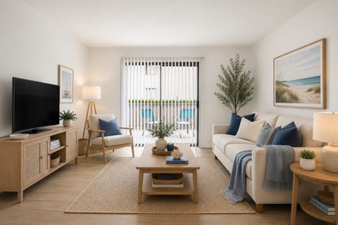 A living room with a television, a chair, a couch, a coffee table, and a plant.