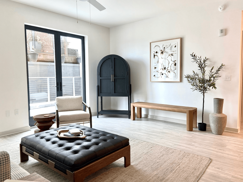 a living room with an and a large window