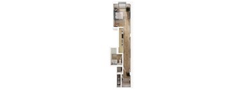 a floor plan of a small apartment with a bathroom and a kitchen