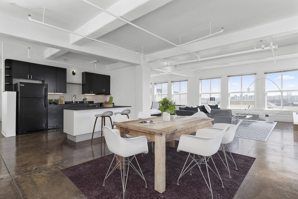 Open Kitchen and Living Area with Dining Table at San Fernando Building, Los Angeles, 90013