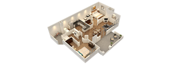 A 3D rendered image of a house layout.