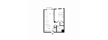 A floor plan of a Julette Balcony apartment with a living room, bedroom, kitchen, bath, and entry.
