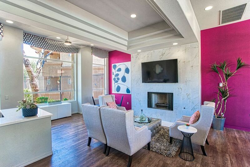 Lounge with large tv in apartments in mesa arizona at Vista Grove Apartments, Mesa