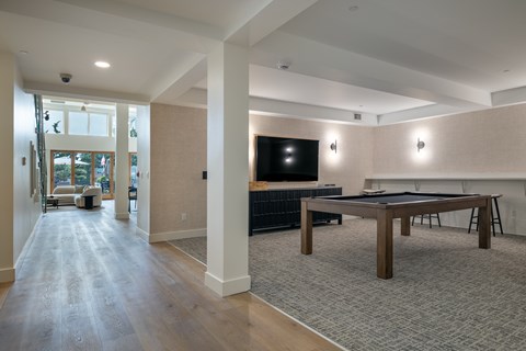 A room with a pool table and a television.