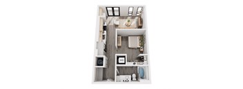 a stylized floor plan with a bedroom and a bathroom