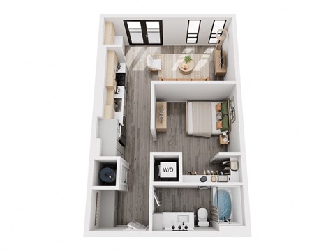 a stylized floor plan with a bedroom and a bathroom