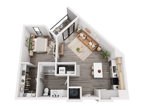 a 3d floor plan of a bedroom with a bathroom and a living room