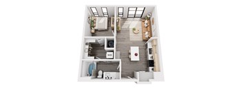 a stylized floor plan with a bedroom and a living room