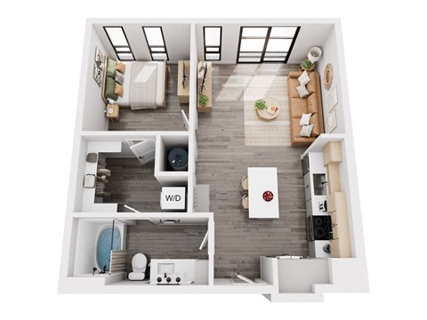 a stylized floor plan with a bedroom and a living room