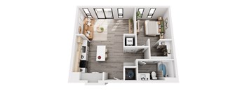 a 1 bedroom floorplan with a bathroom and a living room