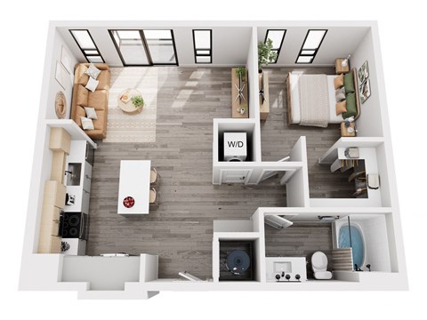 a 1 bedroom floorplan with a bathroom and a living room