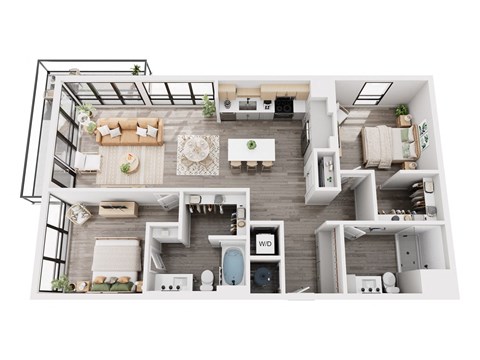a 1 bedroom floorplan with a bathroom and a living room