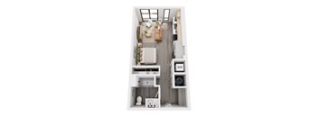 a stylized floor plan with a bedroom and a living room