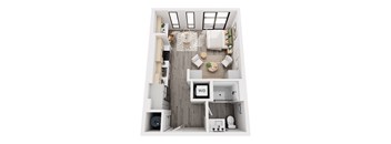 a stylized floor plan with a bedroom and a living room