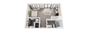 A top-down view of a modern apartment layout with a living room, kitchen, and bathroom.