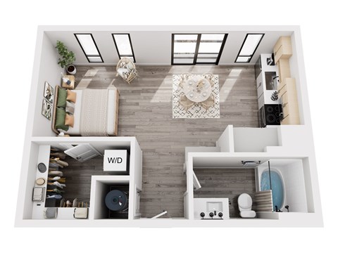 A top-down view of a modern apartment layout with a living room, kitchen, and bathroom.