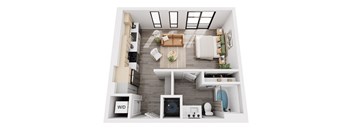 a 1 bedroom floorplan with a bathroom and a living room