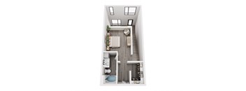 a stylized floor plan with a bedroom and a bathroom
