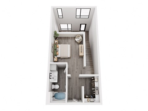 a stylized floor plan with a bedroom and a bathroom