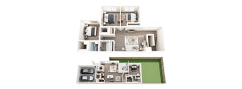 a 3d floor plan of a house with bedrooms and a living room