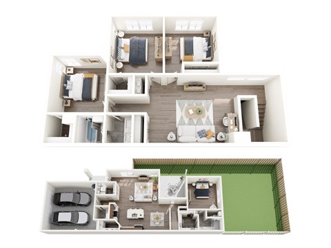 a 3d floor plan of a house with bedrooms and a living room