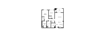 A floor plan of a home with a living room, kitchen, pantry, two bathrooms, and two bedrooms.