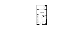 A black and white diagram of a house layout with a living room, kitchen, bathroom, and a patio.