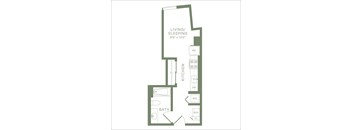 A floor plan of a living/sleeping area with a kitchen and bathroom.