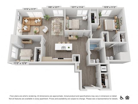 a floor plan of a 3 bedroom apartment