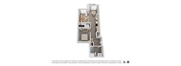 a bedroom with a bathroom and a kitchen in a 555 sq. ft. apartment