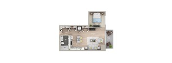 A floor plan of a small apartment with a living room, kitchen, and bedroom.