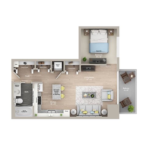A floor plan of a small apartment with a living room, kitchen, and bedroom.