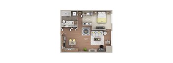 A floor plan of a small apartment with a living room, kitchen, and two bedrooms.