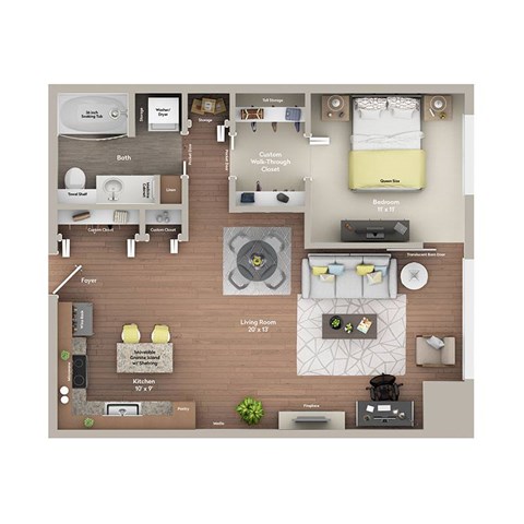 A floor plan of a small apartment with a living room, kitchen, and two bedrooms.