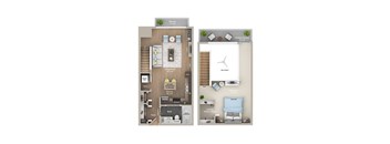 A floor plan of a house with a balcony, living room, kitchen, and bathroom.