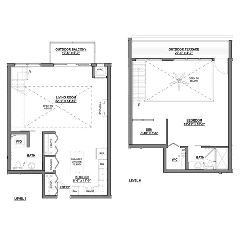 A floor plan of a house with a living room, bedroom, bathroom, and kitchen.