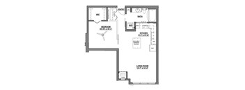 A floor plan of a home with a bedroom, living room, kitchen, and bathroom.