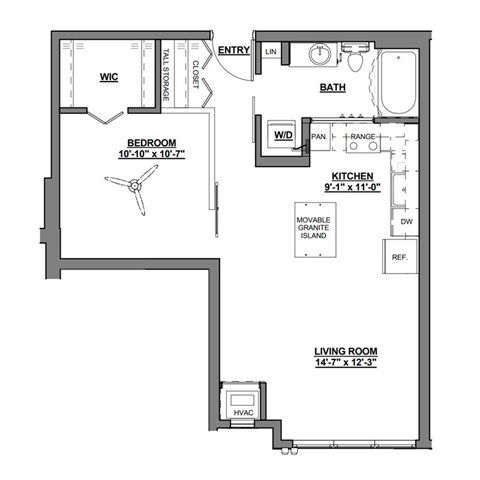 A floor plan of a home with a bedroom, living room, kitchen, and bathroom.