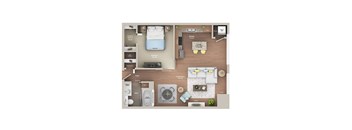 A floor plan of a small apartment with a living room, kitchen, and bathroom.