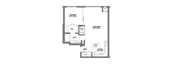 A floor plan of a small apartment with a bedroom, living room, kitchen, bathroom, and storage.