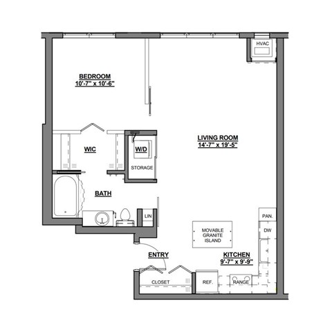 A floor plan of a small apartment with a bedroom, living room, kitchen, bathroom, and storage.